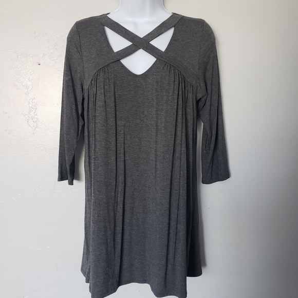 Noble U NWOT Small Charcoal Grey Long Sleeve Dress Keyhole Neck Strappy Top - Picture 1 of 7